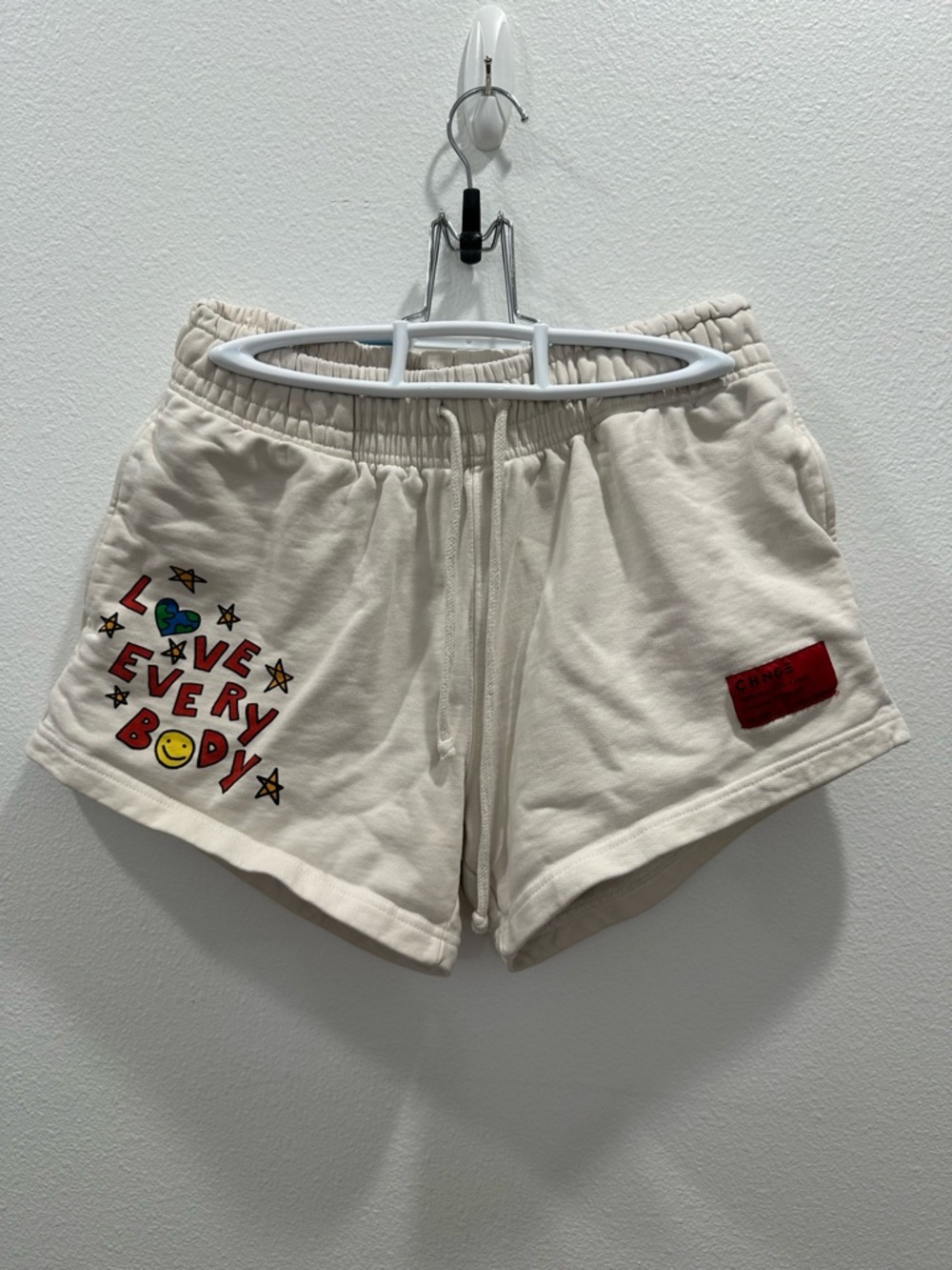 CHNGE Women's White Terry Athletic Shorts organic cotton Love Everybody small